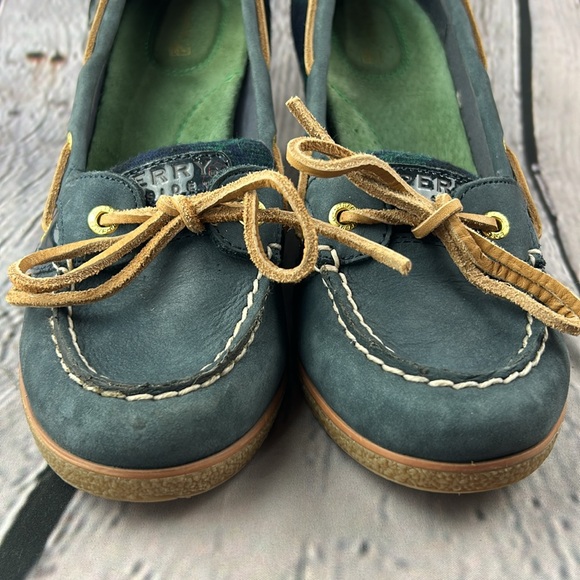 SPERRY GOLDFISH Navy & Green Slip On Leather Lace Wedges - Picture 11 of 17